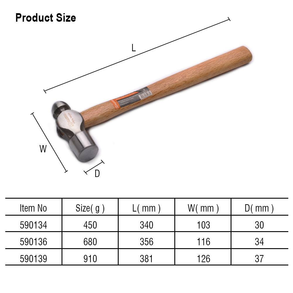 Harden Ball Pein Hammer with Oak Wood 0.45kg