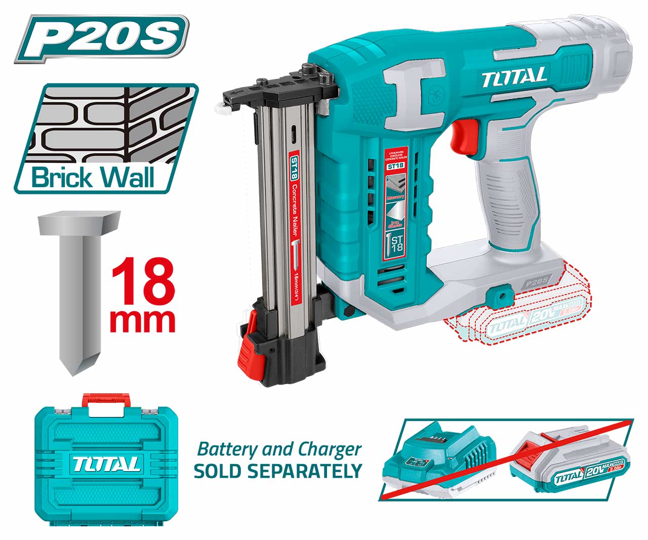 Total Cordless brick nailer/ concrete nailer 20V TCSTLI3805