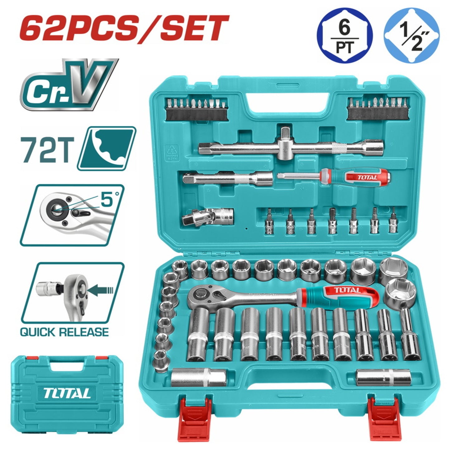 Total 62 Pcs 1/2" socket set THT121602