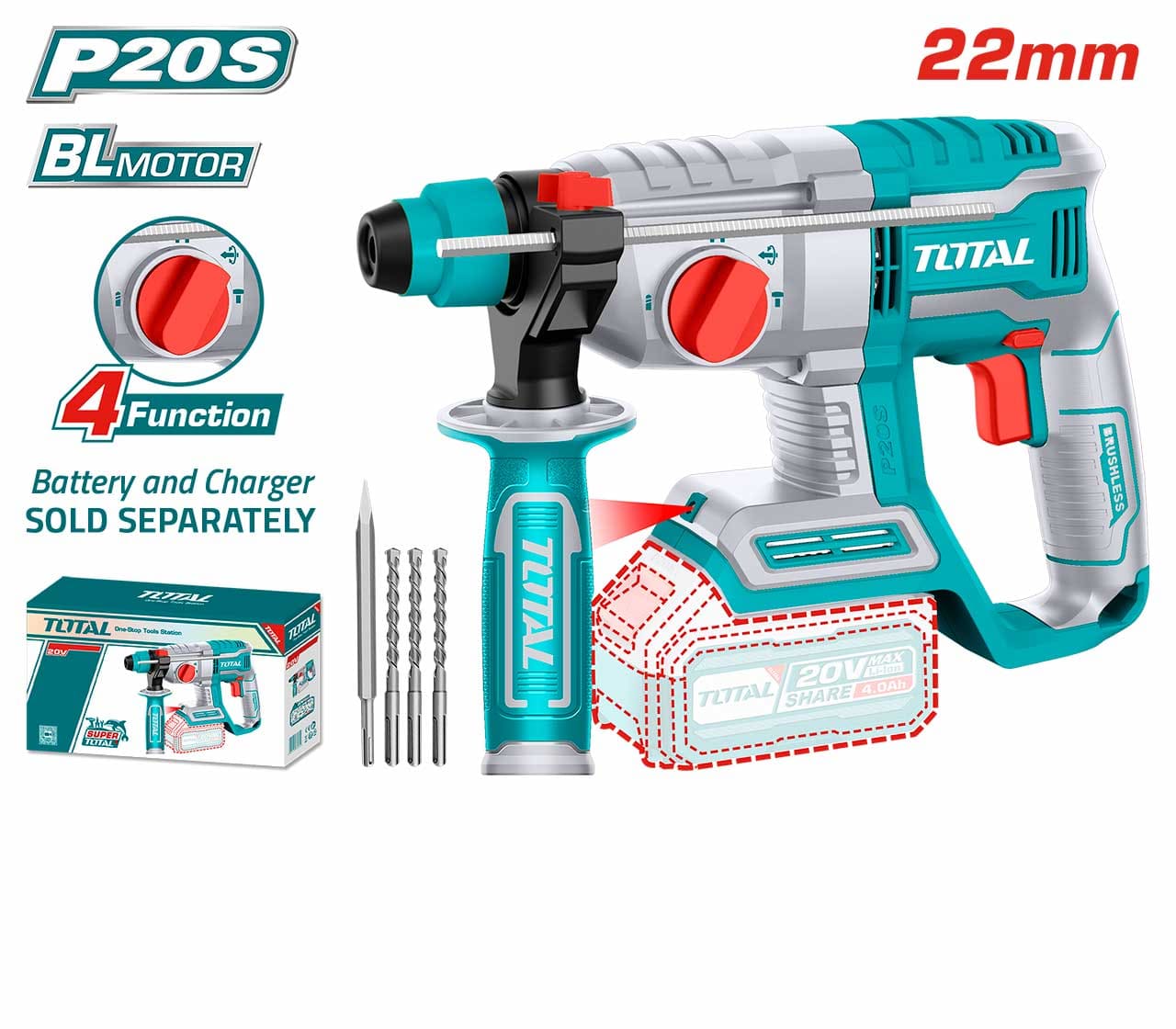 Total Cordless rotary hammer 20V TRHLI20208