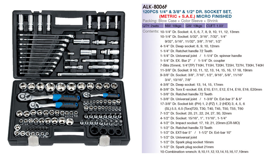 LICOTA MADE IN TAIWAN 120PCS 1/4", 3/8" & 1/2" DR. SOCKET SET