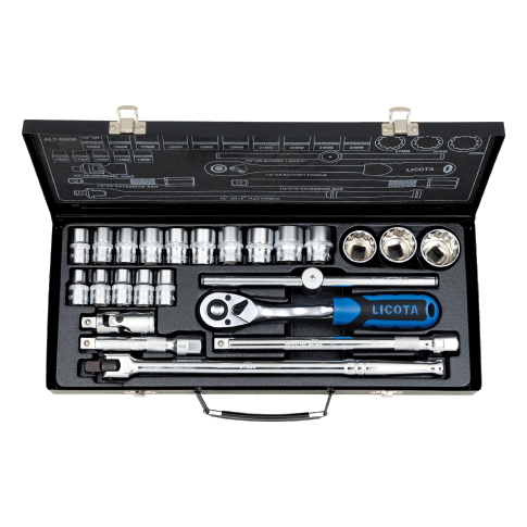 LICOTA MADE IN TAIWAN 24PCS 1/2" DR. 12PT FLANK SOCKET SET, MICRO FINISH METAL BOX 10-32MM