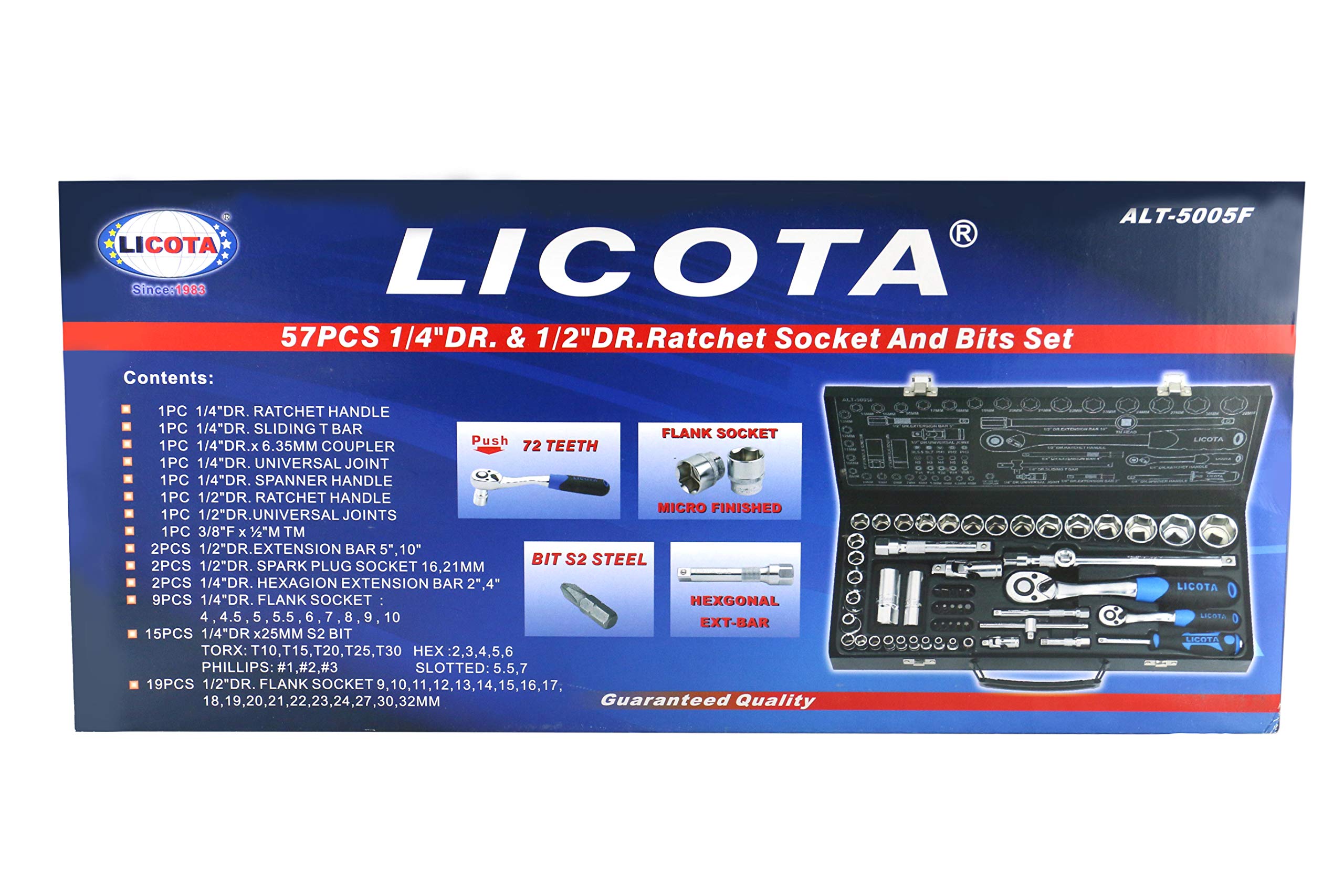 LICOTA MADE IN TAIWAN 57PC 1/4"DR. & 1/2"DR. SOCKET & BIT SET METAL CASE 8-32mm